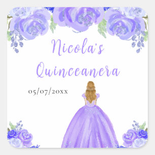 Blonde Hair Princess Purple Floral Quinceanera Square Sticker