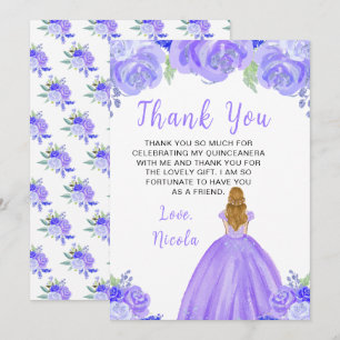 Blonde Hair Princess Purple Floral Quinceanera Thank You Card