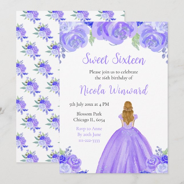 Blonde Hair Princess Purple Floral Sweet Sixteen Invitation (Front/Back)