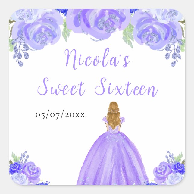 Blonde Hair Princess Purple Floral Sweet Sixteen  Square Sticker (Front)