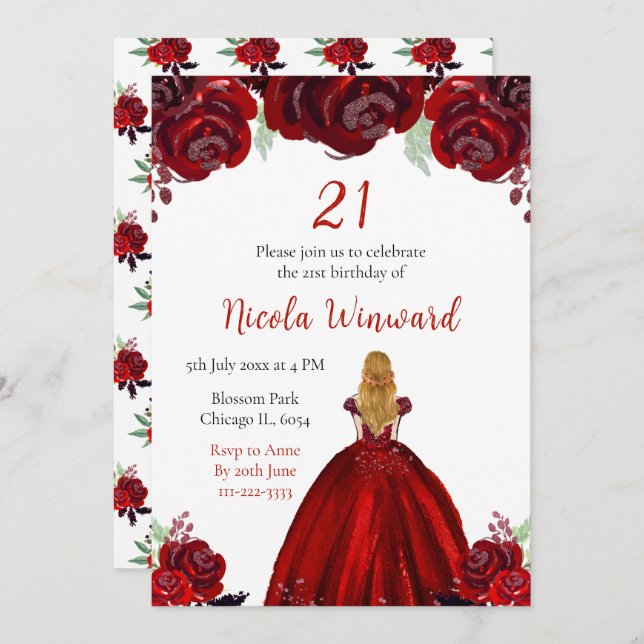 Blonde Hair Princess Red Floral Birthday Party Invitation (Front/Back)