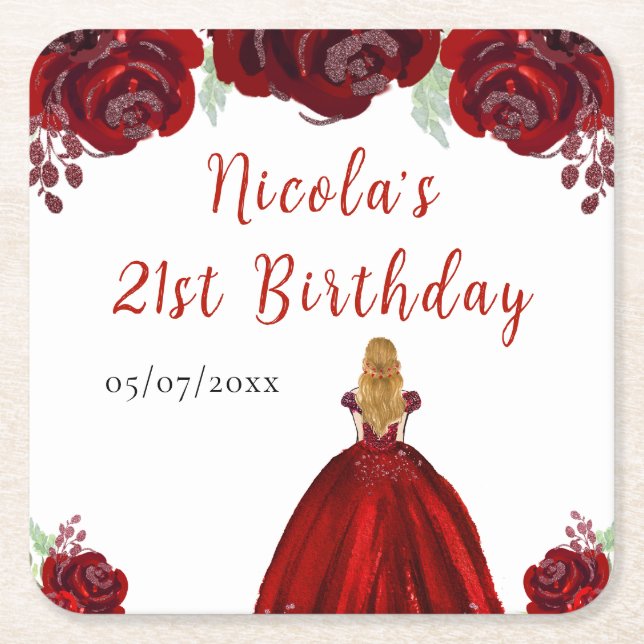 Blonde Hair Princess Red Floral Birthday Square Paper Coaster (Front)