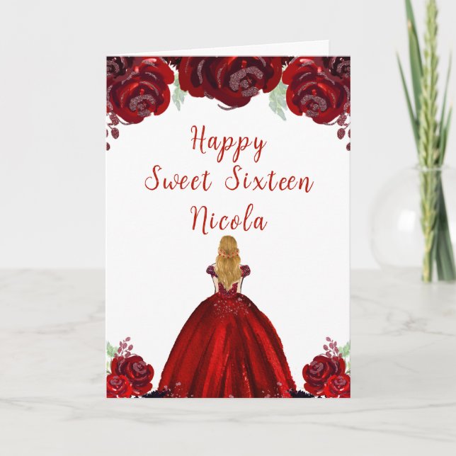 Blonde Hair Princess Red Floral Sweet Sixteen  Card (Front)