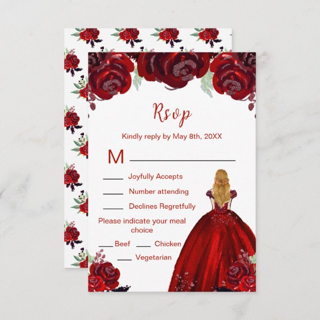 Blonde Hair Princess Red Floral Sweet Sixteen  RSVP Card (Front/Back)