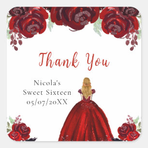 Blonde Hair Princess Red Floral Sweet Sixteen  Square Sticker