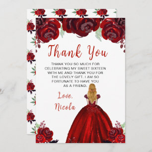 Blonde Hair Princess Red Floral Sweet Sixteen  Thank You Card