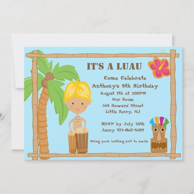 Blonde Haired Aloha Luau Birthday Invitation (Front)