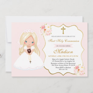 Blonde haired Girl First Communion Soft Pink Invitation
