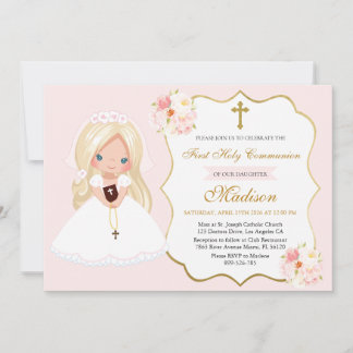 Blonde haired Girl First Communion Soft Pink Invitation