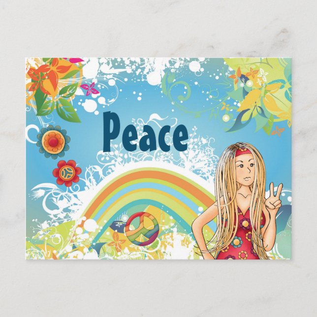 Blonde Hippie Girl, Flowers and Rainbow Peace Postcard (Front)