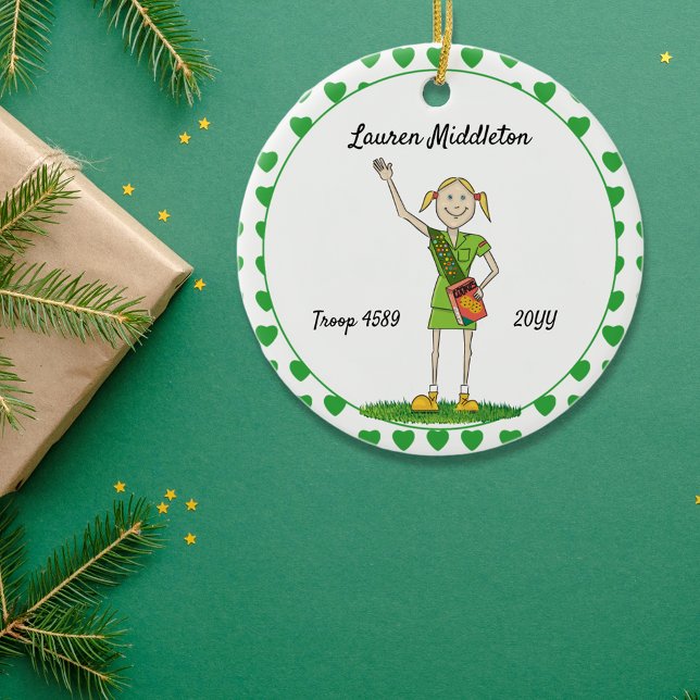 Blonde Junior Girl Scouting Green Heart Shape Ceramic Tree Decoration (Creator Uploaded)