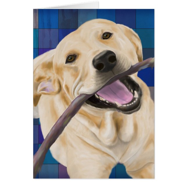 Blonde Labrador Smiling with Joy, Chewing a Stick (Front)