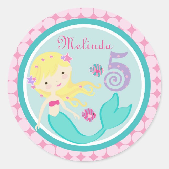 Blonde Mermaid Age Five Birthday Sticker (Front)