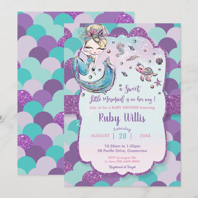 Blonde Mermaid Baby Shower Under the Sea Purple Invitation (Front/Back)