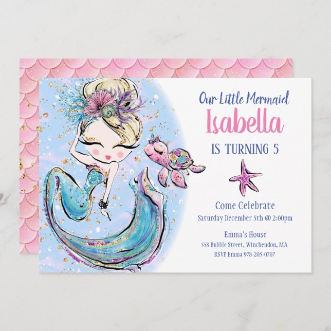 Blonde Mermaid Birthday Party Invitation (Front/Back)