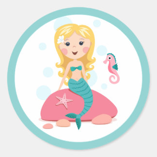 Blonde mermaid cartoon girl with starfish seahorse classic round sticker