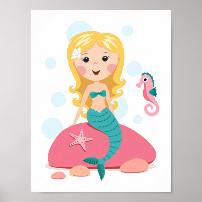Blonde mermaid cartoon girl with starfish seahorse poster (Front)