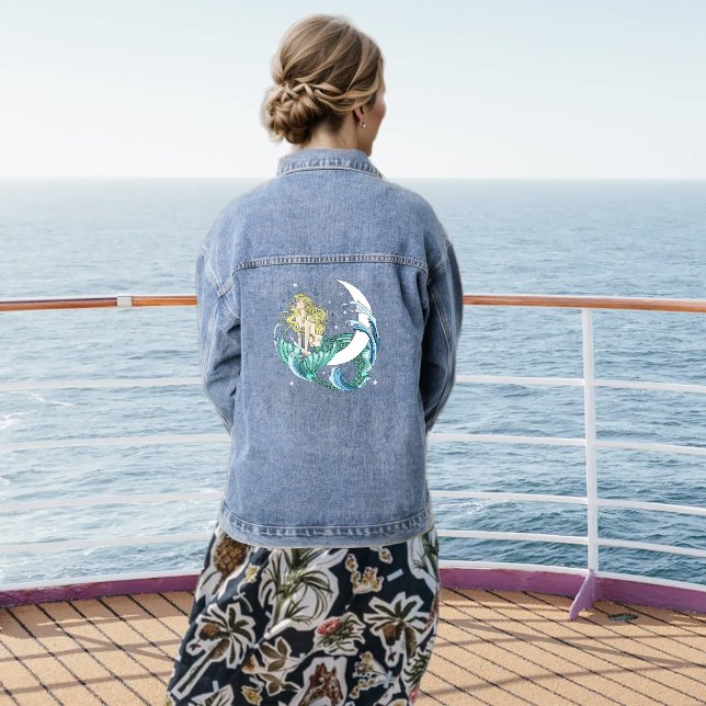 Blonde Mermaid Crescent Moon Fantasy Art Deco Denim Jacket (Creator Uploaded)