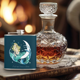 Blonde Mermaid Crescent Moon Fantasy Art Deco Hip Flask
