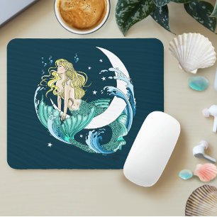 Blonde Mermaid Crescent Moon Fantasy Art Deco Mouse Pad