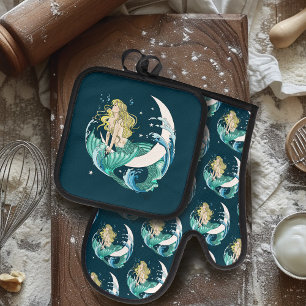 Blonde Mermaid Crescent Moon Fantasy Art Deco Oven Mitt & Pot Holder Set