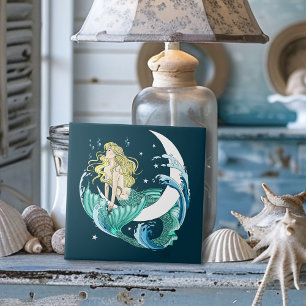 Blonde Mermaid Crescent Moon Fantasy Art Deco Tile