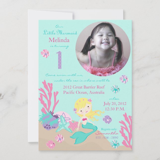 Blonde Mermaid First Birthday Invitation (Front)