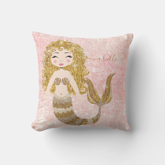 Blonde Mermaid Gold Glitter Baby Girl Shower Name Cushion (Front)