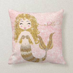 Blonde Mermaid Gold Glitter Baby Girl Shower Name Cushion