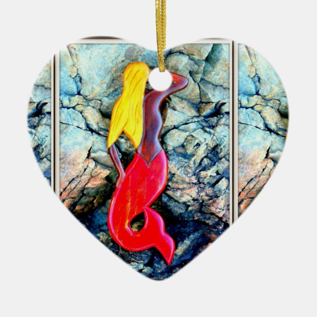 blonde mermaid in red ceramic tree decoration (Front)