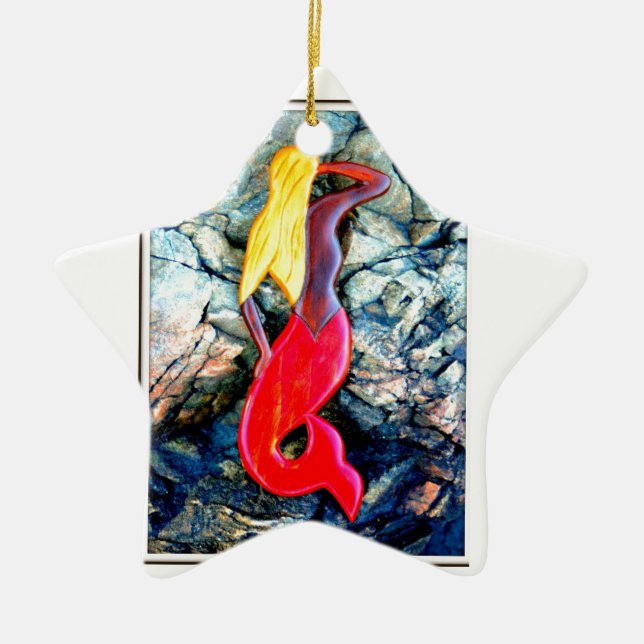 blonde mermaid in red ceramic tree decoration (Front)