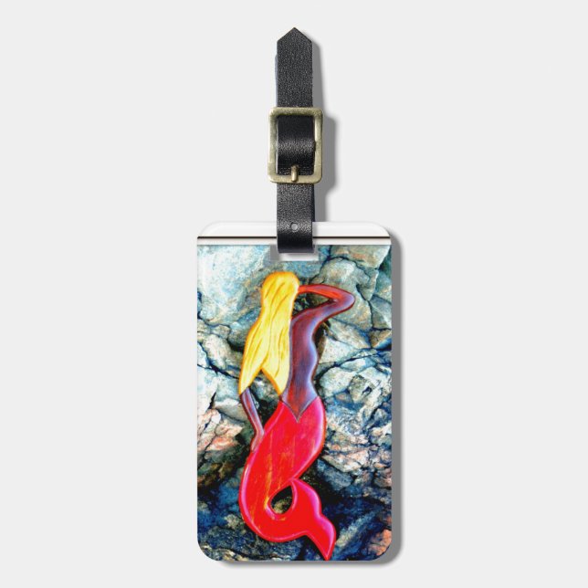 blonde mermaid in red luggage tag (Front Vertical)