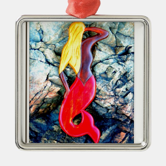blonde mermaid in red metal tree decoration (Front)