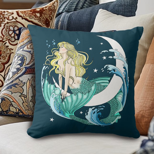 Blonde Mermaid Moon Fantasy Art Deco Cushion (Creator Uploaded)