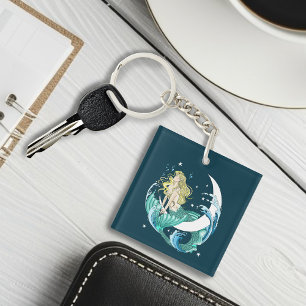 Blonde Mermaid Moon Fantasy Art Deco Key Ring