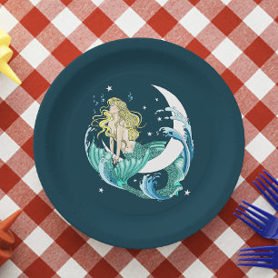 Blonde Mermaid Moon Fantasy Art Deco Paper Plate