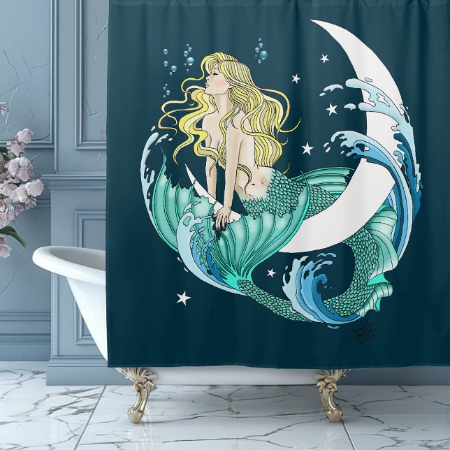 Blonde Mermaid Moon Fantasy Art Deco Shower Curtain (Creator Uploaded)