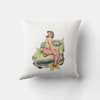 Blonde Mermaid on Vintage Green Car Watercolor Ill Cushion