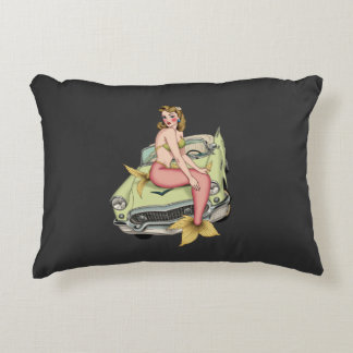 Blonde Mermaid on Vintage Green Car Watercolor Ill Decorative Cushion