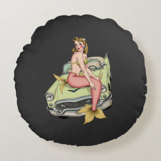 Blonde Mermaid on Vintage Green Car Watercolor Ill Round Cushion