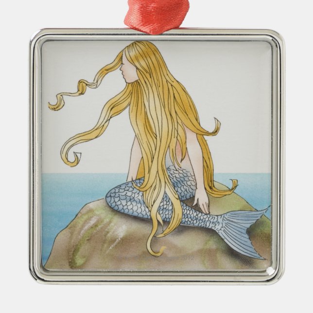 Blonde mermaid sitting on sea rock, side view. metal tree decoration (Front)