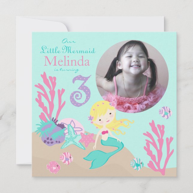 Blonde Mermaid Third Birthday Invitation (Front)