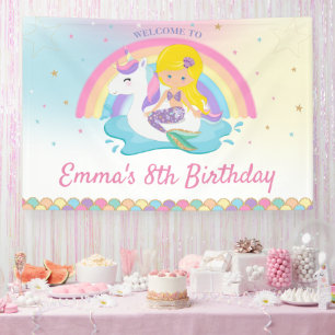 Blonde Mermaid Unicorn Pool Birthday Welcome Banner