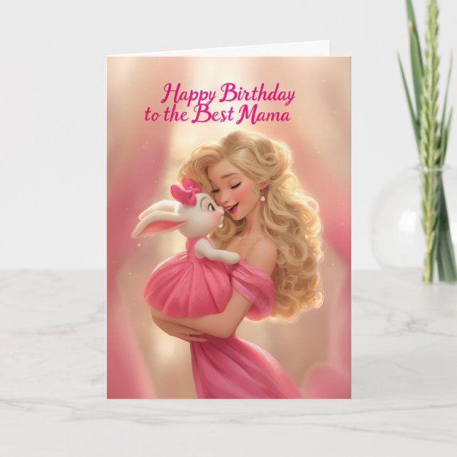 Blonde Mother w/ Baby Bunny in Hot Pink Birthday Card (Front)