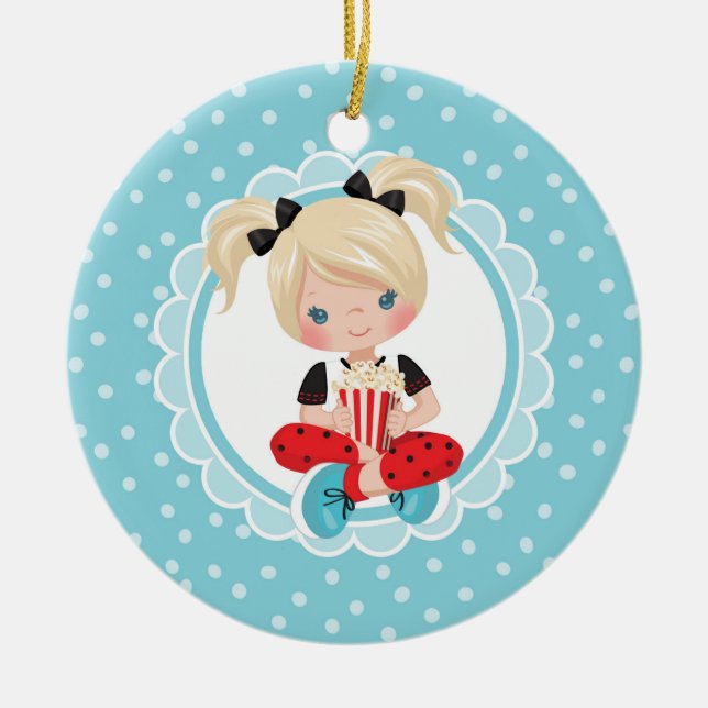 Blonde Movie Night Girl with Popcorn Ceramic Tree Decoration (Front)