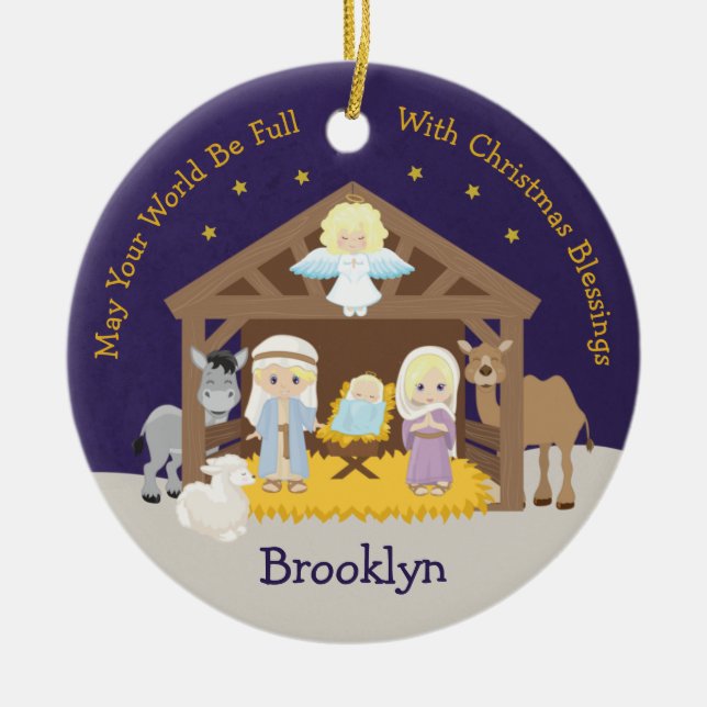 Blonde Nativity Scene Ceramic Tree Decoration (Front)