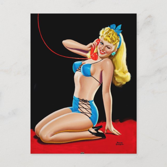 Blonde on Telephone Pin Up Postcard (Front)
