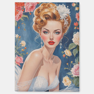 Blonde Pin-Up Bride Portrait Floral Background Magnet