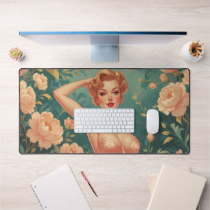 Blonde Pin-Up Pink Pastel Flowers Metal Art Desk Mat