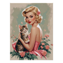 Blonde Pin-Up Red Dress and Cute Cat